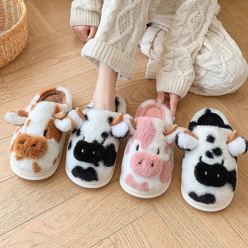 Casual Fluffy Slippers Women House Cute Cartoon Cow Designer Shoes Girl Flat Fashion Elegant Plush Winter Platform Footwear Home