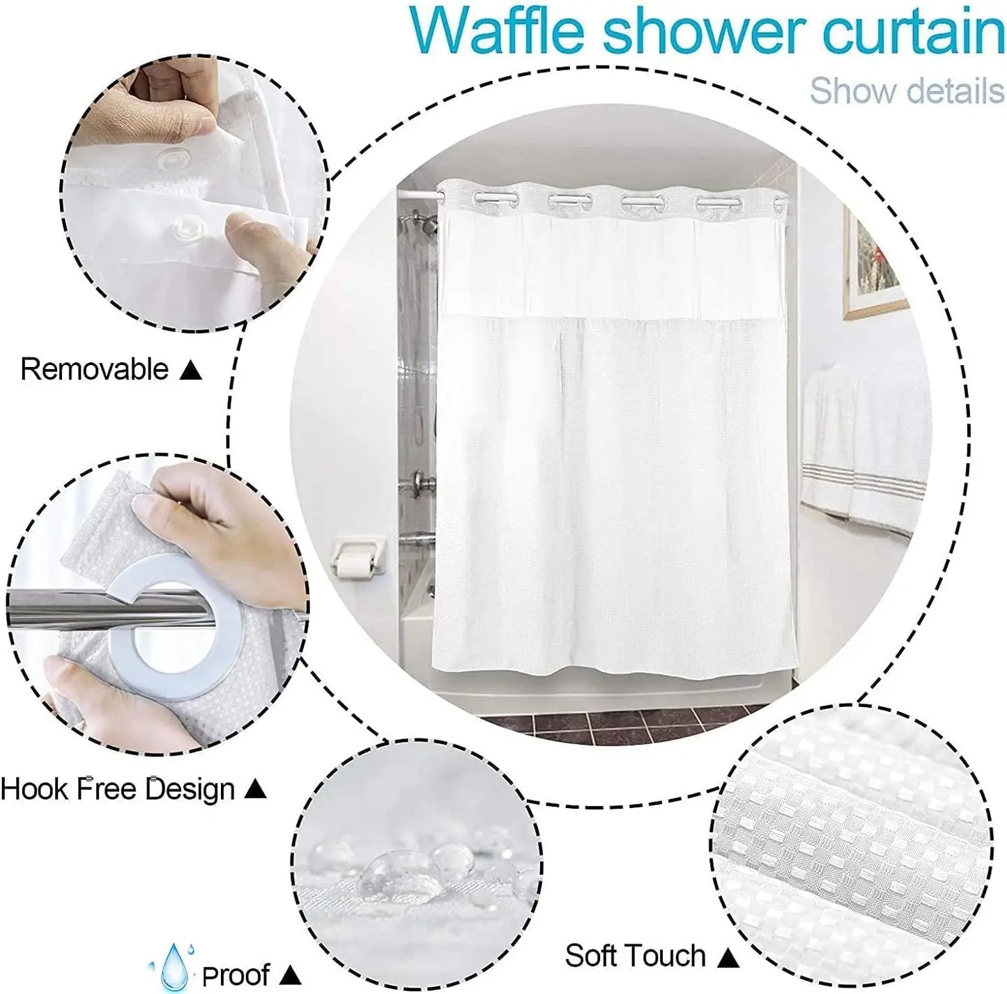 1pc No Hook Shower Curtain with Snap in Fabric Liner Set Less Time White Waffle Shower Curtain for Bathroom 74" L x 71" W