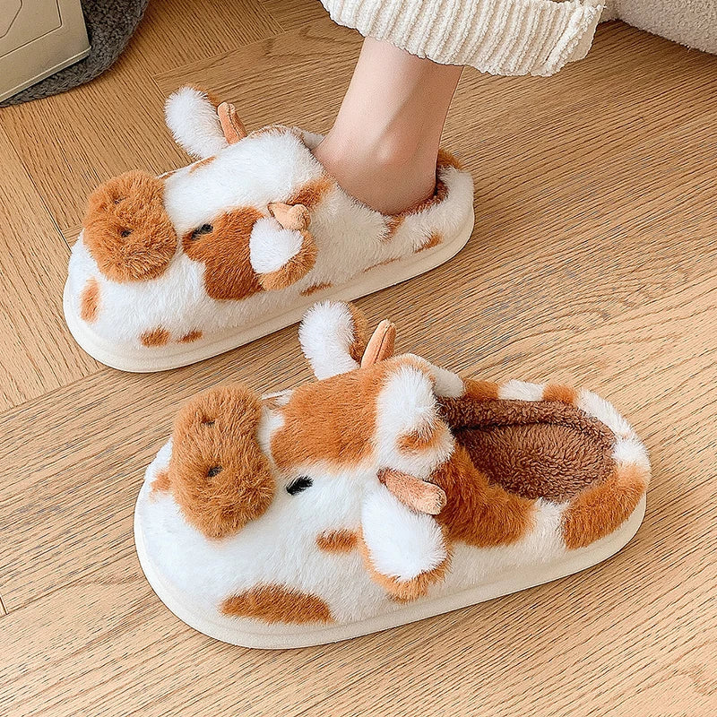 Casual Fluffy Slippers Women House Cute Cartoon Cow Designer Shoes Girl Flat Fashion Elegant Plush Winter Platform Footwear Home