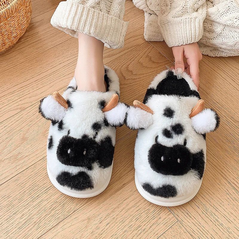Casual Fluffy Slippers Women House Cute Cartoon Cow Designer Shoes Girl Flat Fashion Elegant Plush Winter Platform Footwear Home