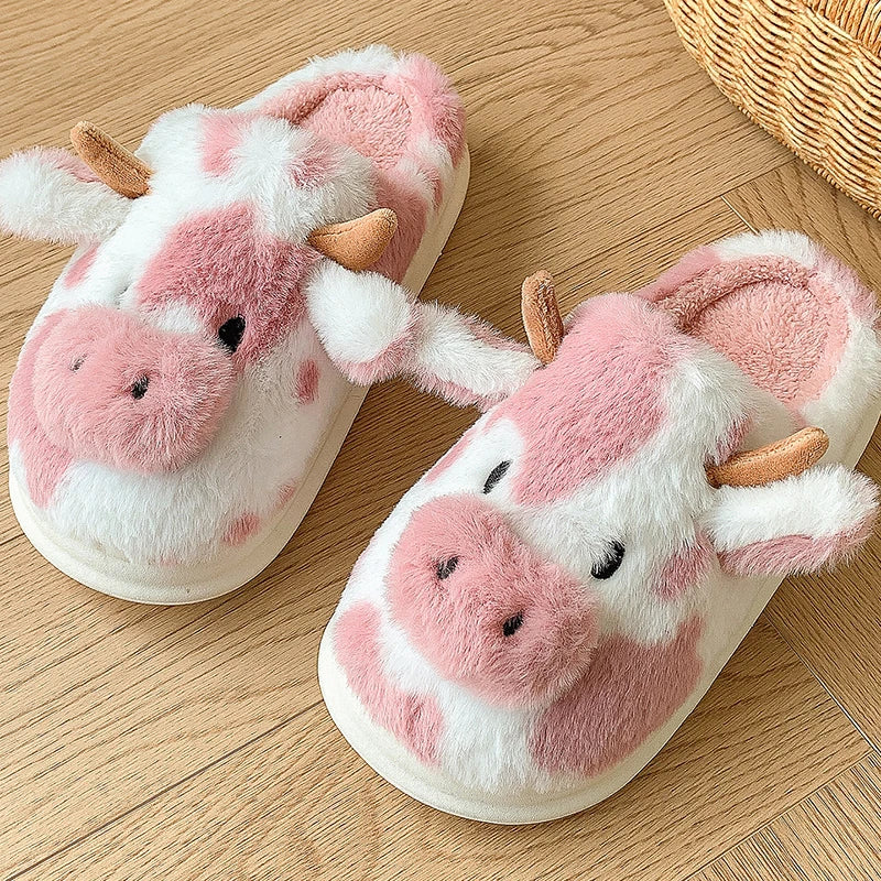 Casual Fluffy Slippers Women House Cute Cartoon Cow Designer Shoes Girl Flat Fashion Elegant Plush Winter Platform Footwear Home