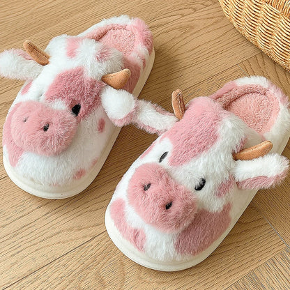 Casual Fluffy Slippers Women House Cute Cartoon Cow Designer Shoes Girl Flat Fashion Elegant Plush Winter Platform Footwear Home
