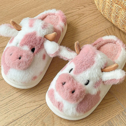 Casual Fluffy Slippers Women House Cute Cartoon Cow Designer Shoes Girl Flat Fashion Elegant Plush Winter Platform Footwear Home