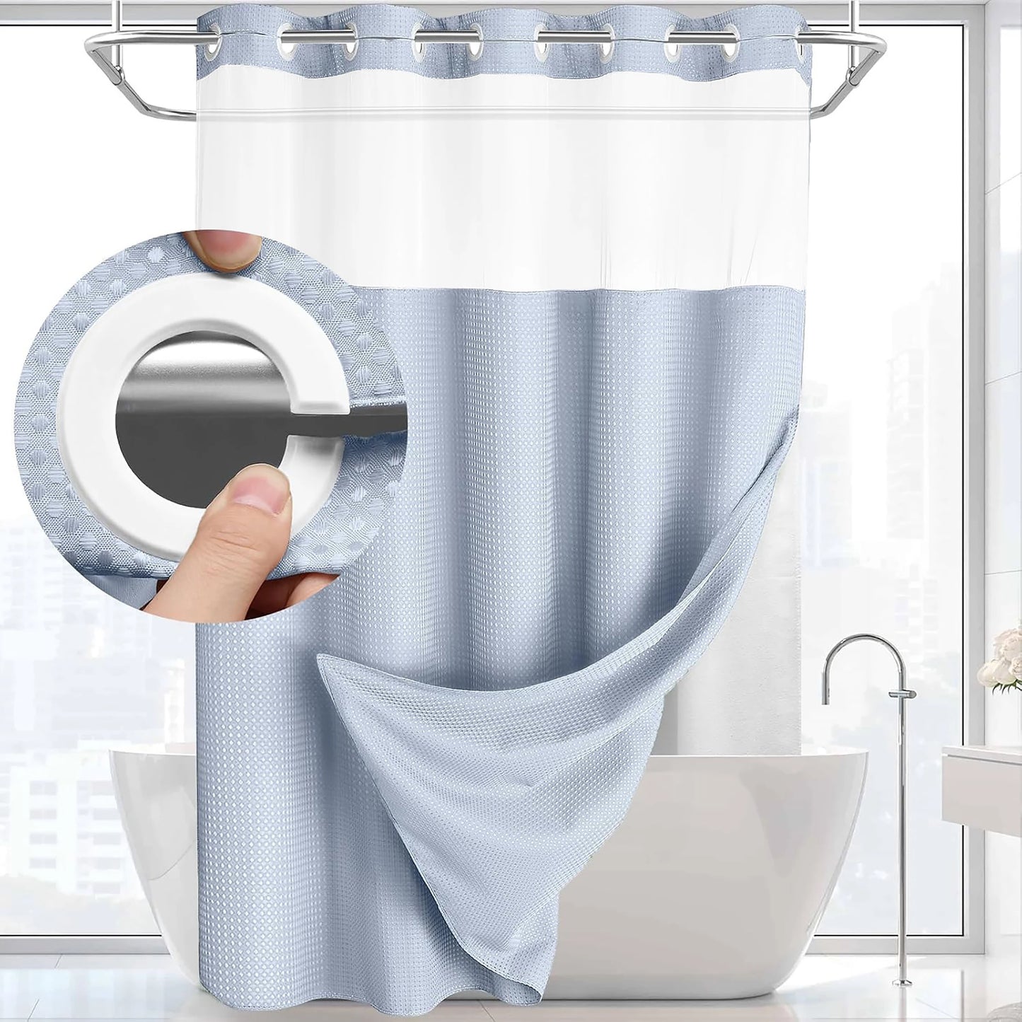 1pc No Hook Shower Curtain with Snap in Fabric Liner Set Less Time White Waffle Shower Curtain for Bathroom 74" L x 71" W